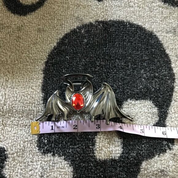 Goth Vampire Bat Wing Hair Clip Red Stone accent, Engraved detaili… - Picture 3 of 3